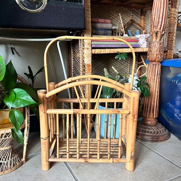 Vintage 1930 English Tortoiseshell Bohemian Rattan Bamboo Magazine/Record Rack - Picture 2 of 8